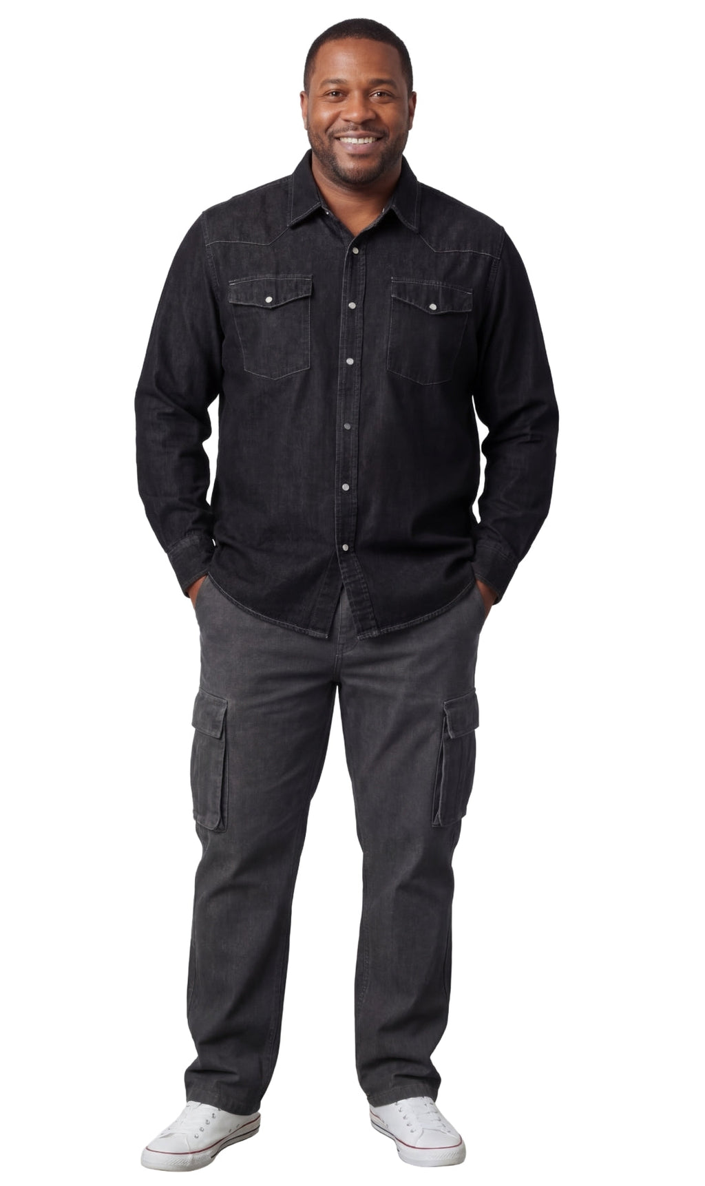 Mens Western Snap Front Button Shirt in Denim and Twill with a Stitched Yoke and Chest Pockets