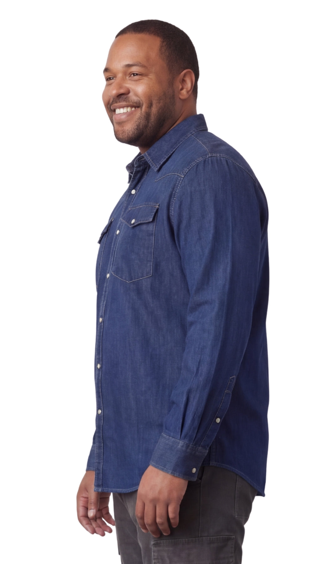 Mens Western Snap Front Button Shirt in Denim and Twill with a Stitched Yoke and Chest Pockets