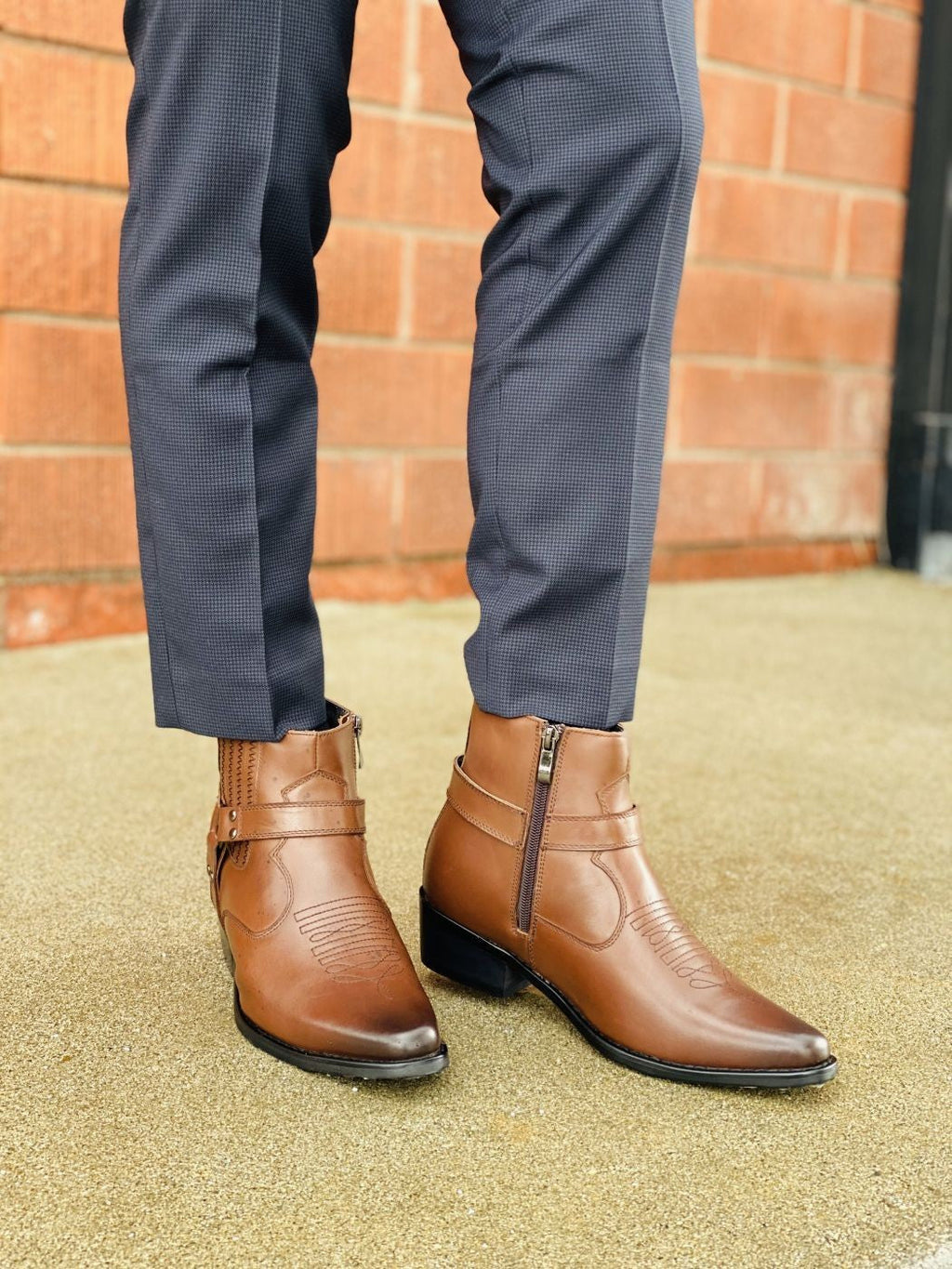 CALTO Dark Brown Western Zipper Boots - 3.3" Elevator