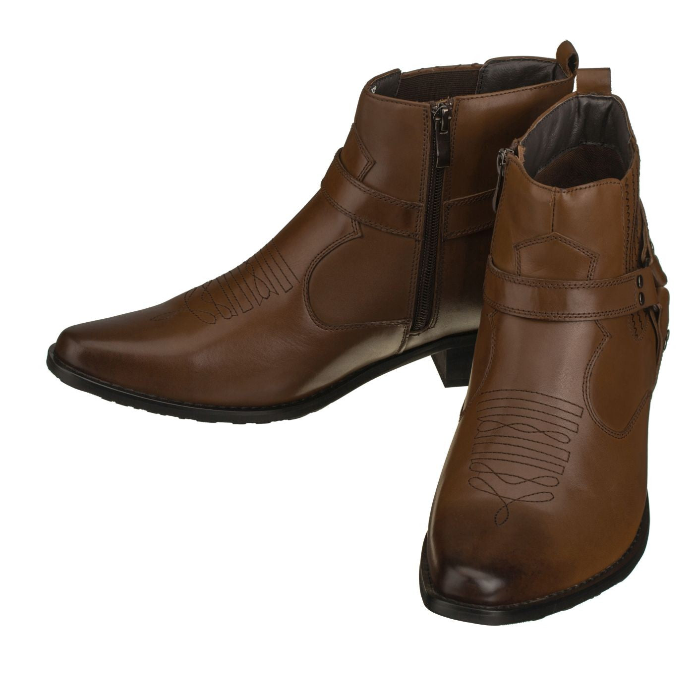 CALTO Dark Brown Western Zipper Boots - 3.3" Elevator