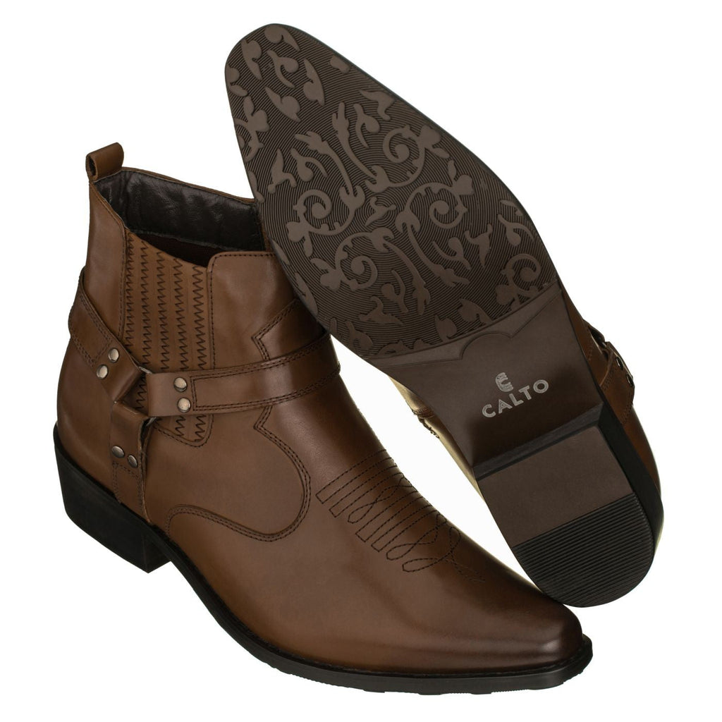 CALTO Dark Brown Western Zipper Boots - 3.3" Elevator