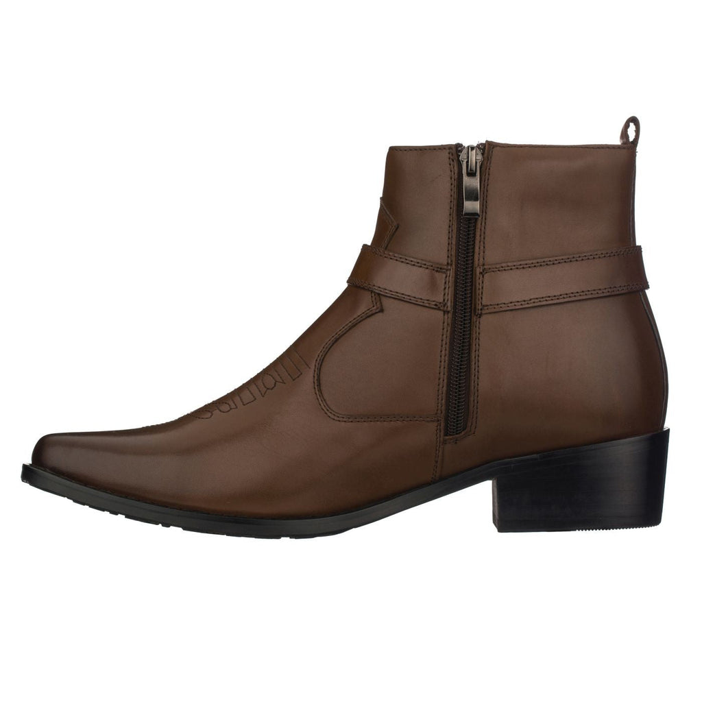 CALTO Dark Brown Western Zipper Boots - 3.3" Elevator