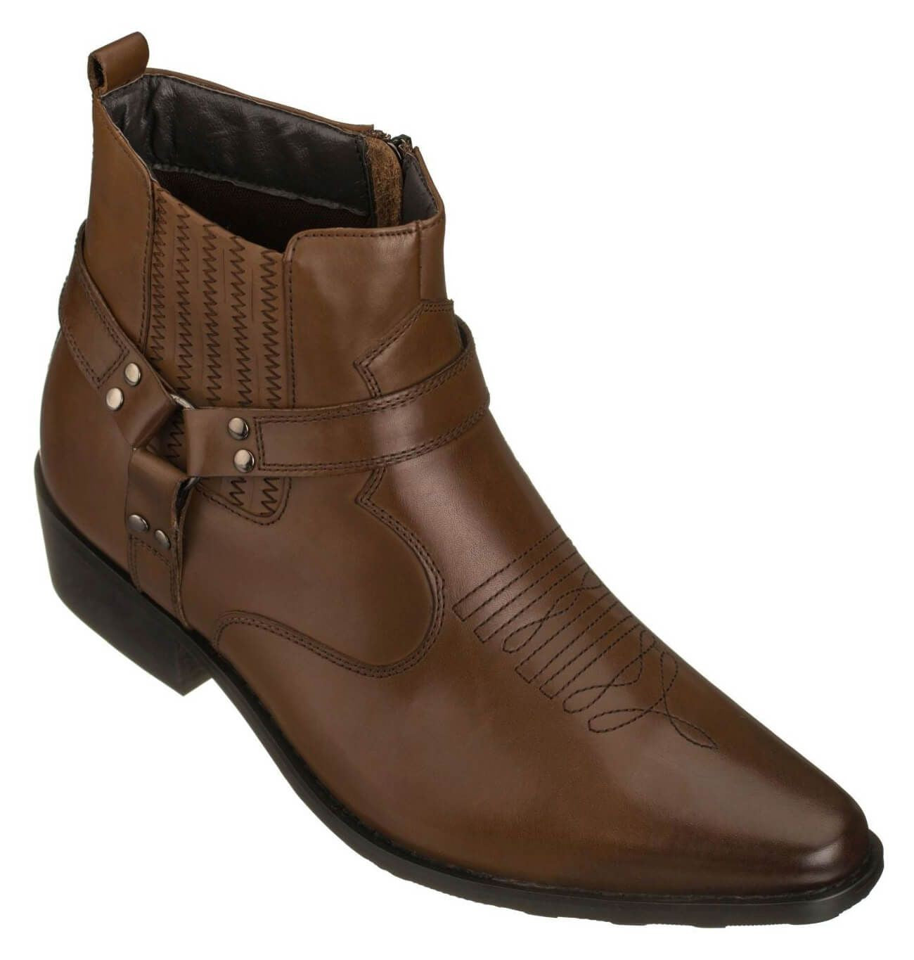 CALTO Dark Brown Western Zipper Boots - 3.3" Elevator
