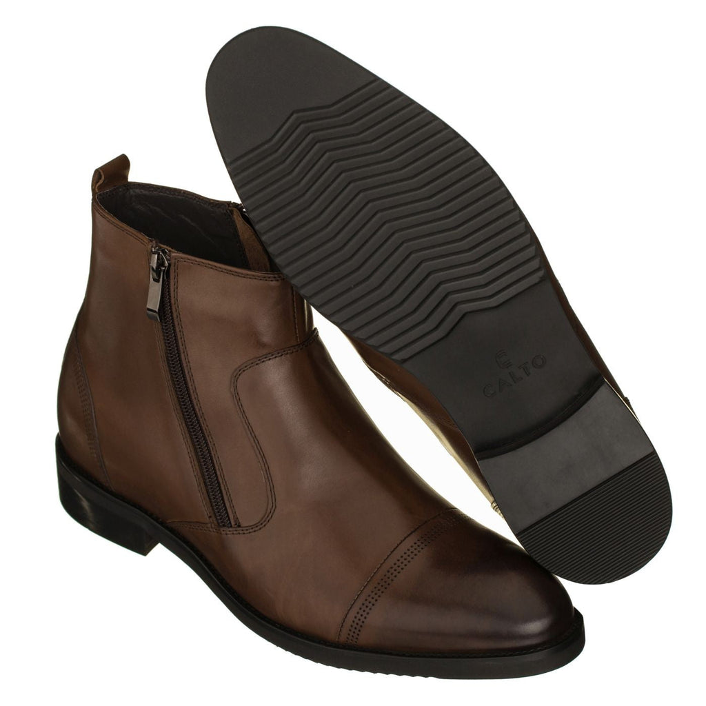 CALTO Dark Brown Dress Zipper Boots - 2.8" Elevator